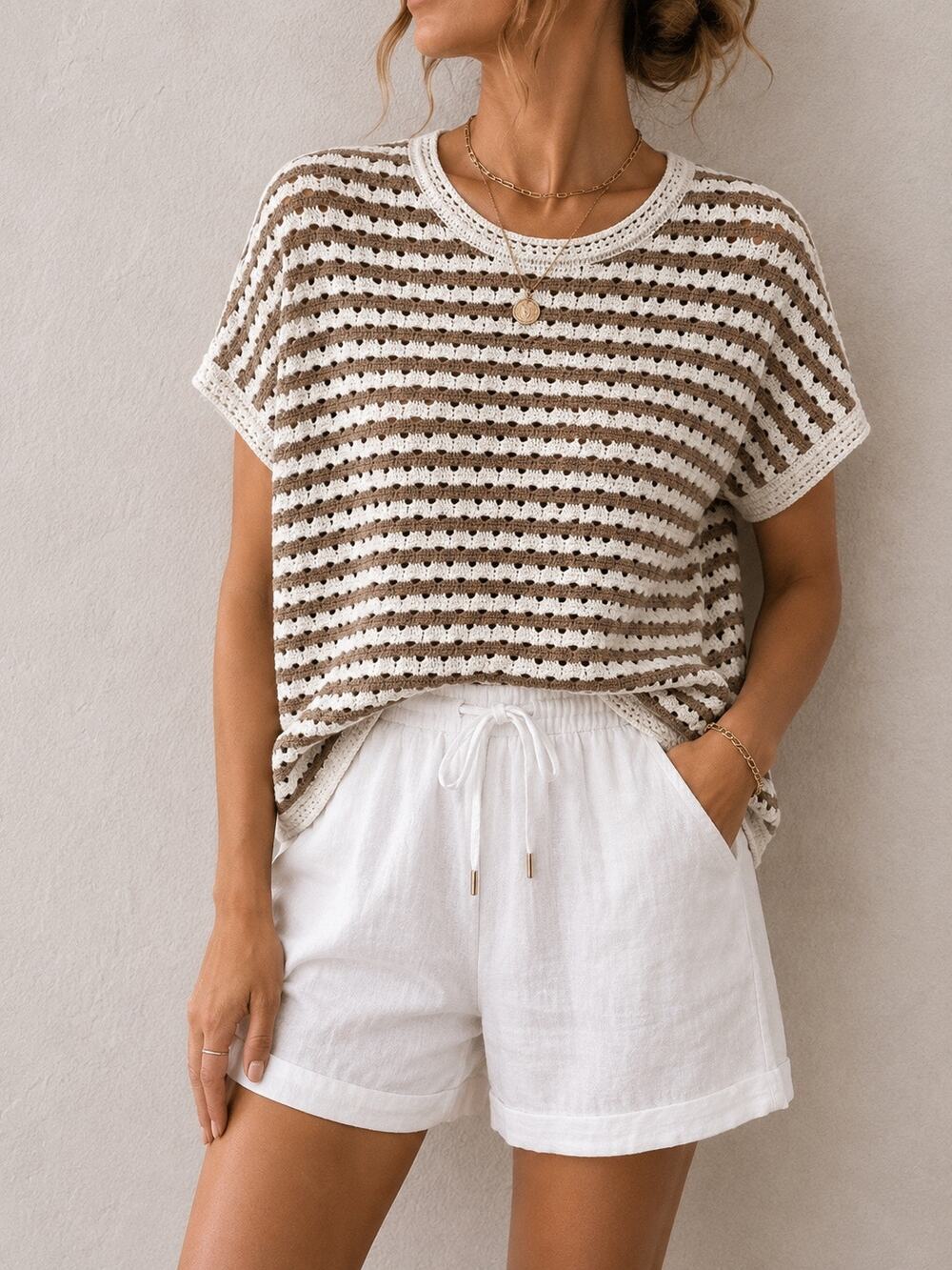 WORLD MARKET Crochet Striped Sweater Poncho Neutral Coastal Boho Knit Top S/M
